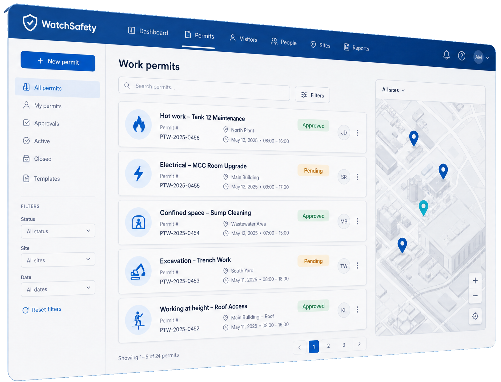 WatchSafety work permits dashboard with live site map