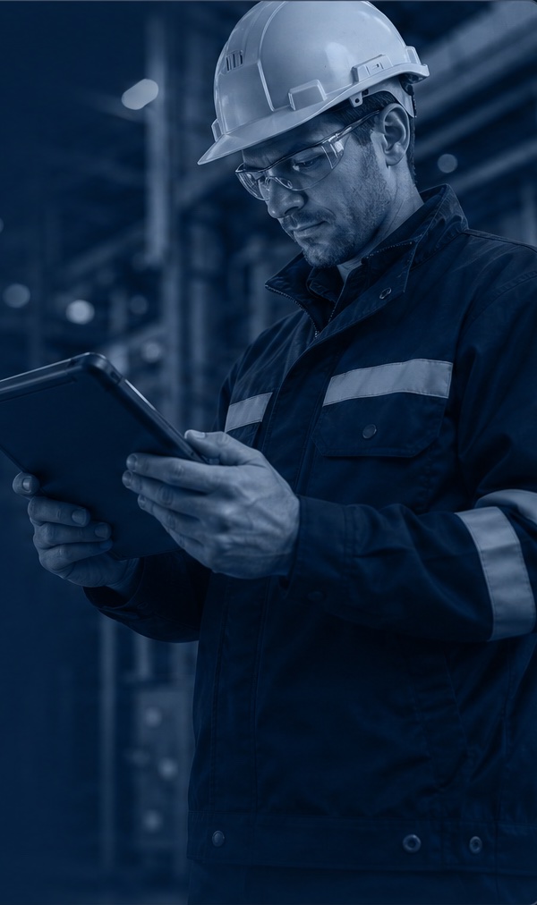 Worker in PPE checking a permit on a tablet